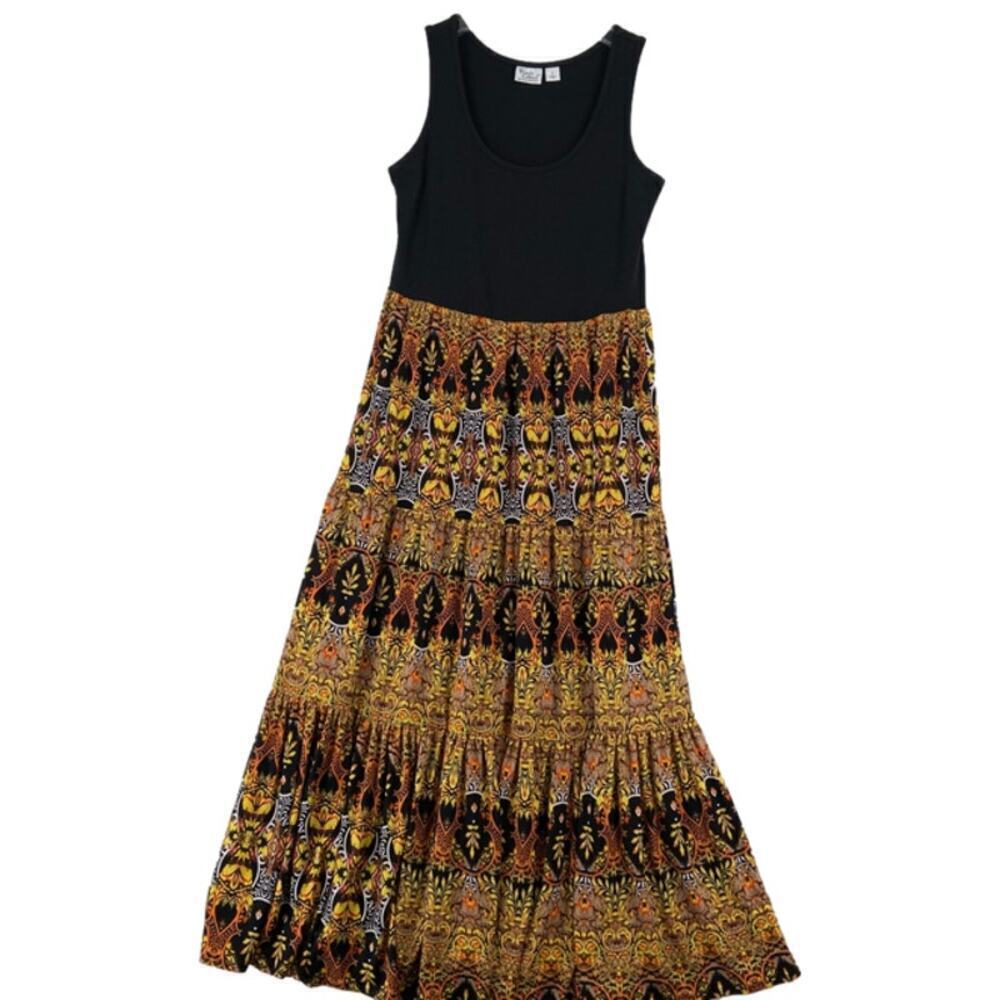 Women With Control Tiered Maxi Dress Size S Boho Sleeveless Black Yellow Print